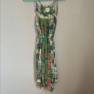 Anthropologie Maeve Asymmetrical Dress in Green and Pink Floral. Size M